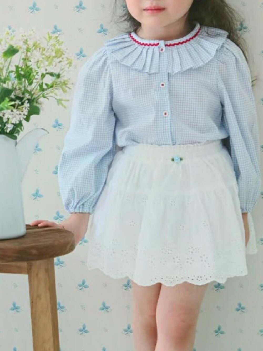 Mardi Amber Girls Blue Gingham Ruffle Collar Button-Up Top L (4-5) 100% Cotton